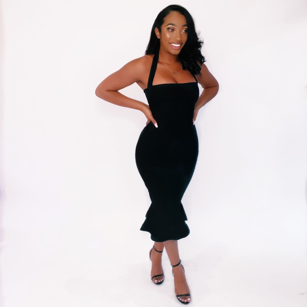 BLACK MIDI HALTER DRESS